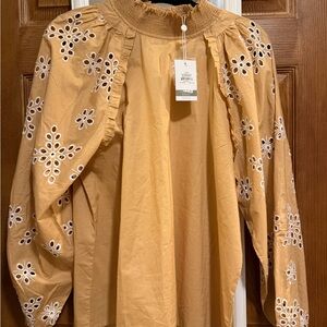 Mud Pie Tan Top with White Embroidery